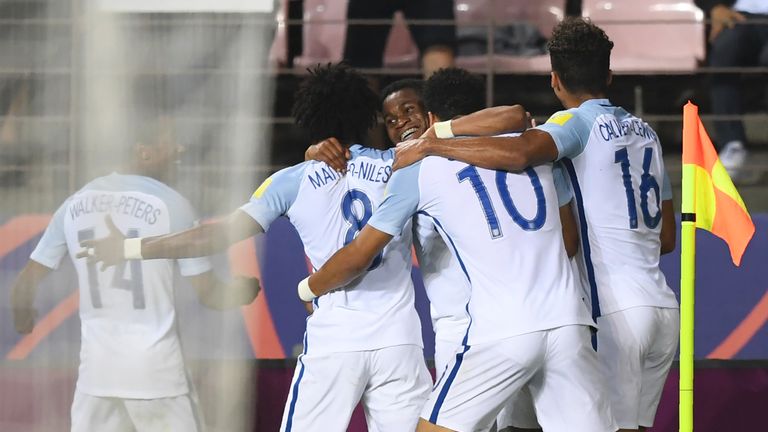 Ademola Lookman (centre) celebrates his goal with team-mates during the U20 World Cup semi-final against Italy