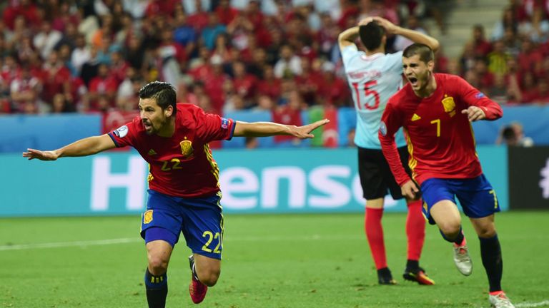 Nolito celebrates scoring for Spain during last year's European Championships
