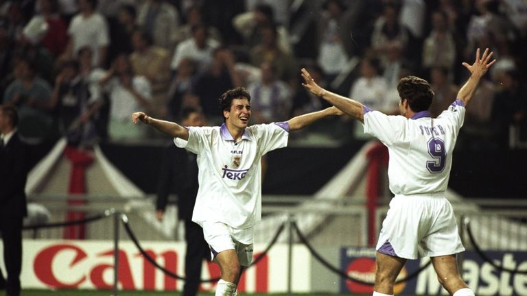Real Madrid duo Raul (left) and substitute Davor Suker congratulate each other at the final whistle in Amsterdam
