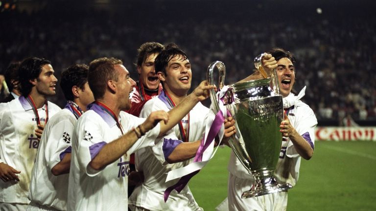 Real Madrid's players celebrate with the cup with the big ears after winning the 1998 Champions League 