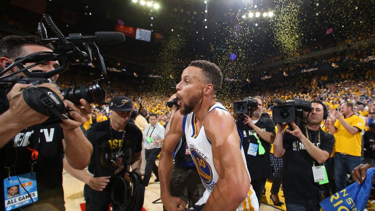 Curry celebrates after winning the NBA Championship earlier this year