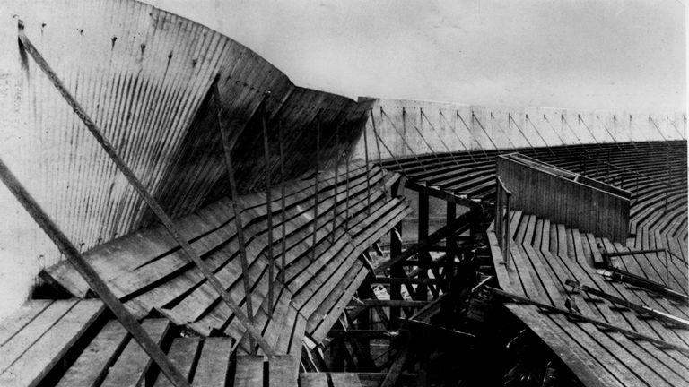 A section of the wooden terracing collapsed during a Scotland v England match at Ibrox Park in April 1902, tragically killing 25 people and injuring 517 