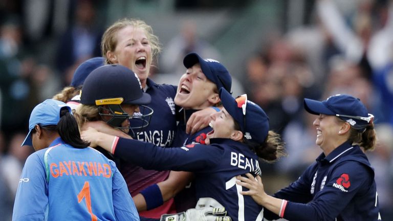 England celebrating after they beat India by 7 runs in front of a home crowd at Lords