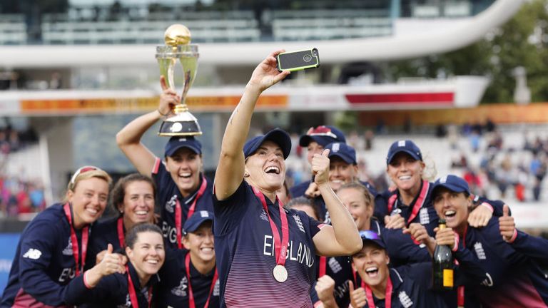 England Women celebrate their World Cup win at Lord's in July
