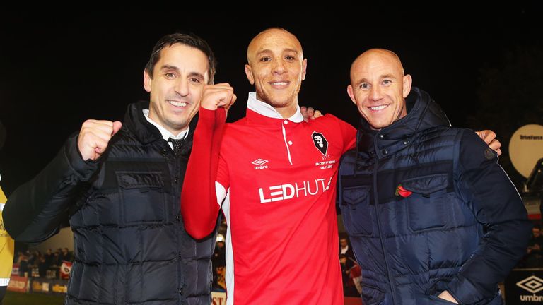 Gary Neville (L) and Nicky Butt (R) celebrate an 2015 FA Cup victory for Salford over Notts County