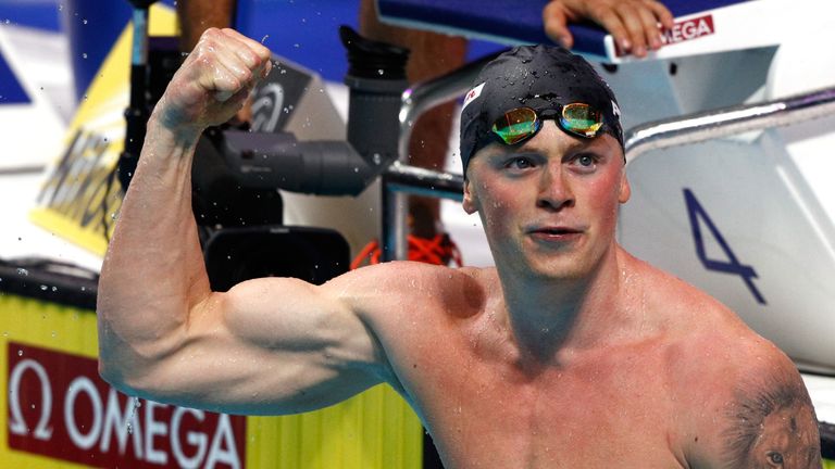 Adam Peaty celebrates after winning gold in the Men's 50m breaststroke final