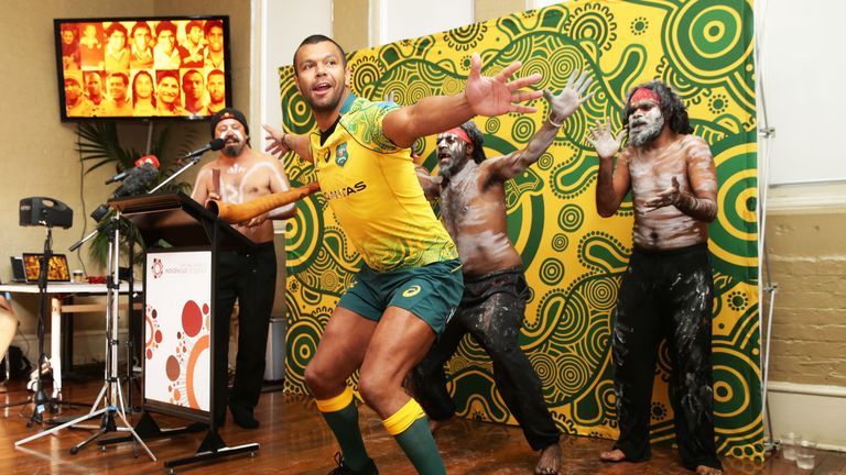 Kurtley Beale dances with performers during Monday's Wallabies Indigenous Jersey Launch in Sydney