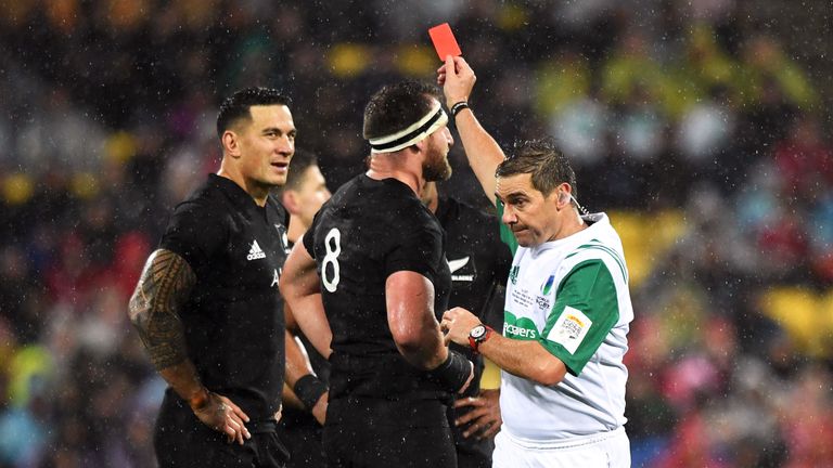 Sonny Bill Williams is shown a red card by referee Jerome Garces in this month's second Lions Test