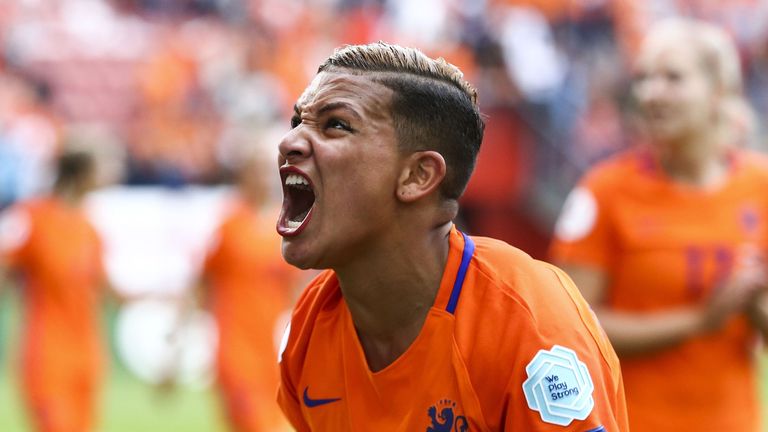 Shanice van de Sanden celebrates her goal for the Netherlands