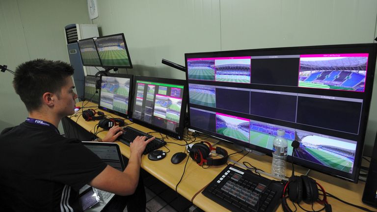 Video assistant members check monitors at a video operations room ahead of the FIFA U20 World Cup