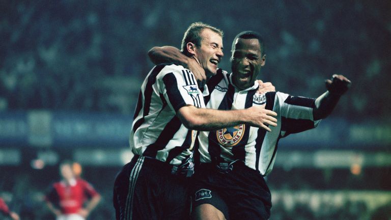 Alan Shearer (left) and Les Ferdinand celebrate Newcastle's 5-0 thrashing of Man Utd