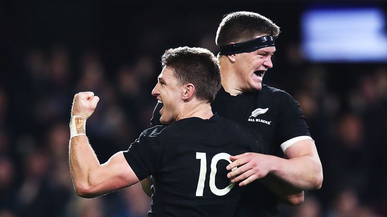 Scott Barrett celebrates an All Blacks try with brother Beauden (No 10)
