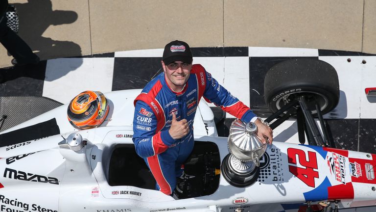 Jack Harvey won the Indy 500 support race, the Freedom 100, with Schmidt Peterson Motorsports