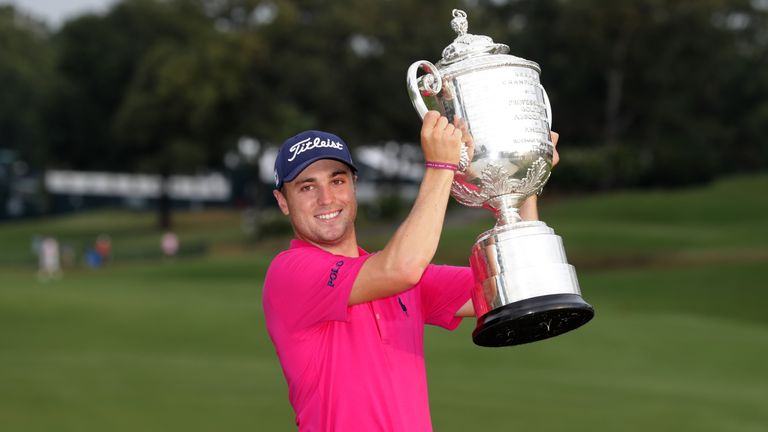 Justin Thomas poses with the Wanamaker Trophy after winning the PGA Championship