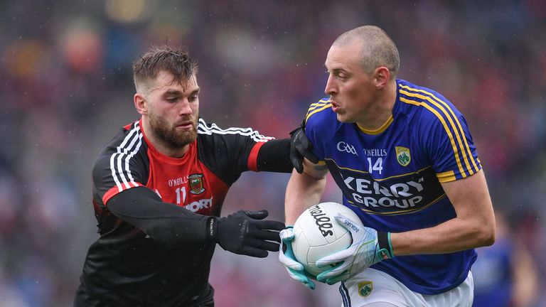 Kieran Donaghy of Kerry in action against Aidan O'Shea of Mayo