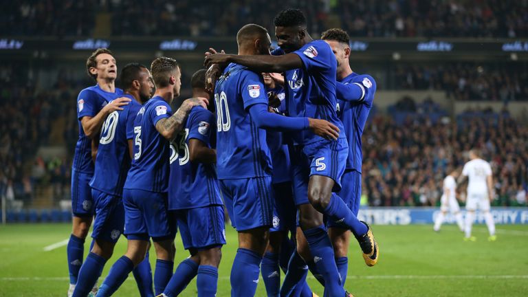 Cardiff celebrate Kenneth Zohore's second goal of the game