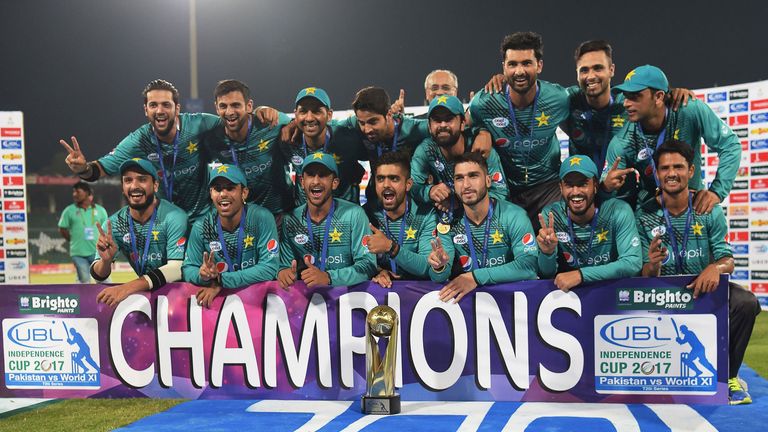 Pakistan celebrate their 2-1 series victory over a World XI in the three-match T20I series