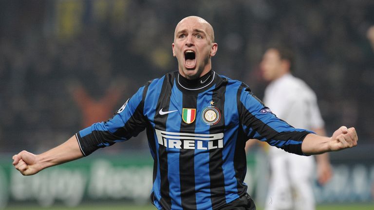 Esteban Cambiasso celebrates his goal in the 2-1 Champions League last-16 first-leg win over Chelsea in 2010