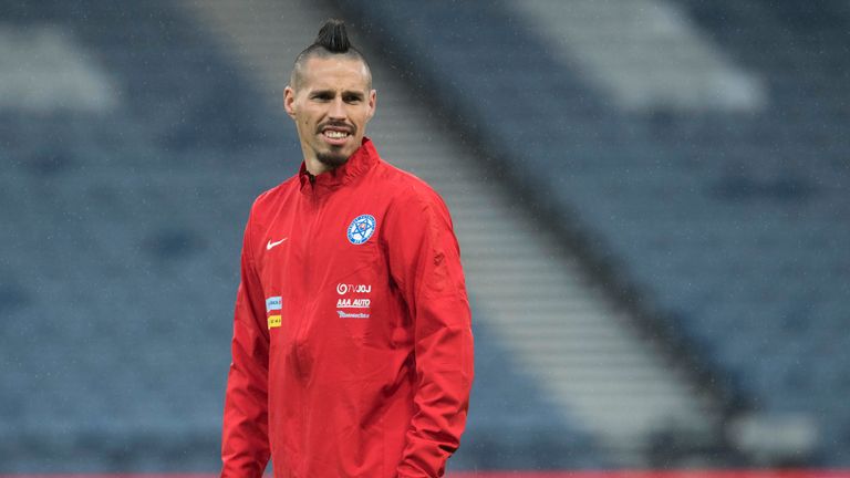 Slovakia's Marek Hamsik gets acquainted with Hampden Park on Wednesday night
