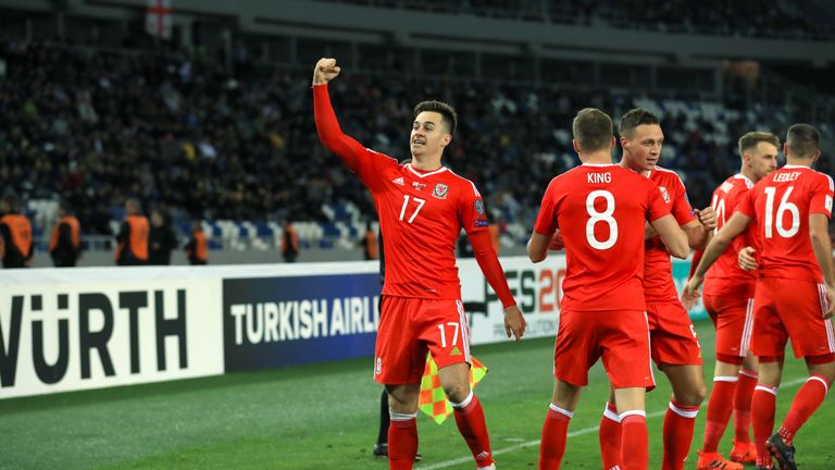 Wales' Tom Lawrence celebrates scoring his first international goal