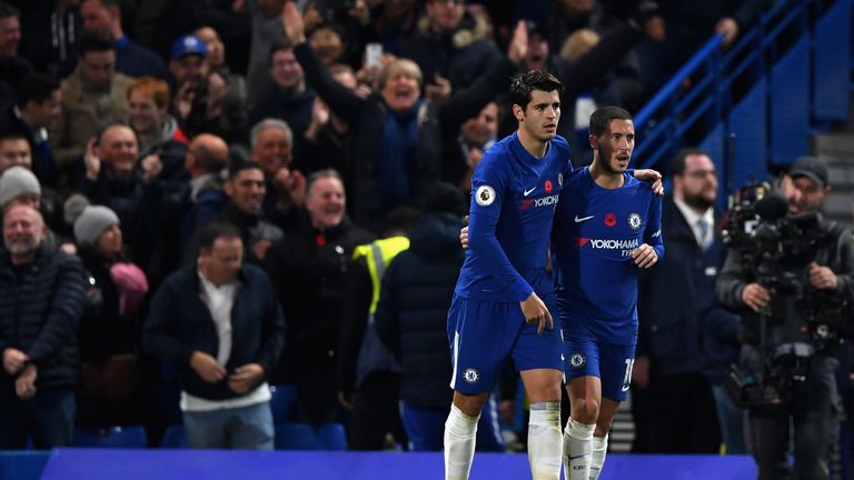 Eden Hazard (right) retained his place in the Power Rankings top 10 after a 1-0 win over Manchester United