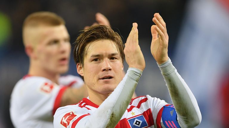 Hamburg's Gotoku Sakai celebrates the win over Hoffenheim