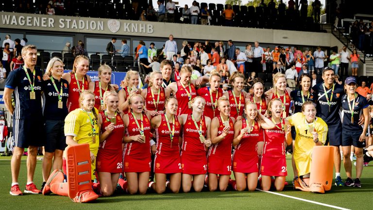 England's players celebrate winning the bronze medal match against Germany at the Women's Rabo EuroHockey Championships in August