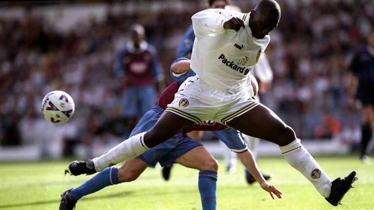 Jimmy Floyd Hasselbaink in action for Leeds against Aston Villa
