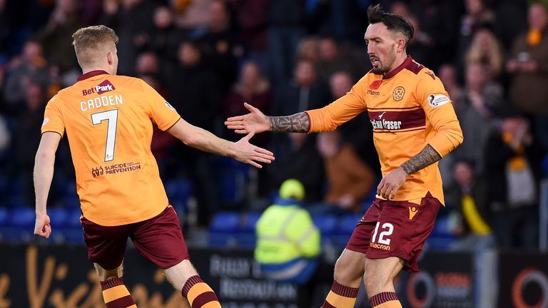 Motherwell's Ryan Bowman (R) celebrates his goal with Chris Cadden (L)