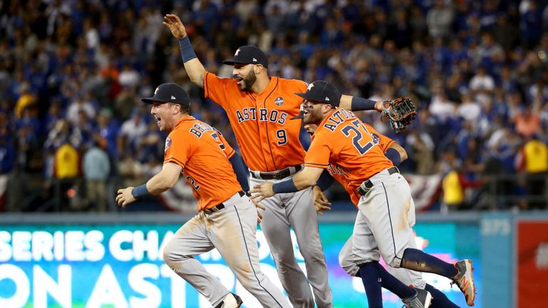 Astros' Alex Bregman, Marwin Gonzalez, Carlos Correa and Jose Altuve celebrate