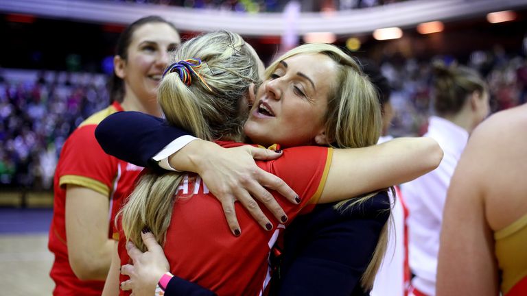 England's head coach Tracy Neville congratulates the team after Sunday's victory during the Vitality Netball International Series against Malawi