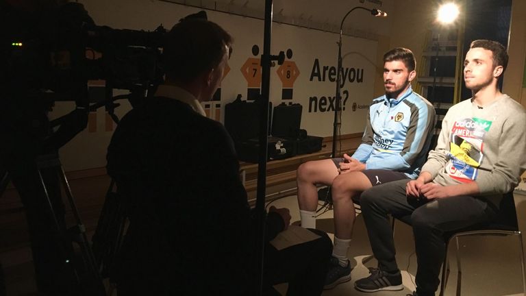 Ruben Neves and Diogo Jota (R) being interview by Sky Sports' Jonathan Oakes