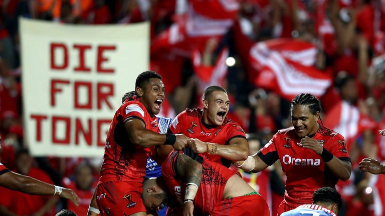 Tonga celebrate Ben Murdoch-Masila's second half try in victory over Samoa
