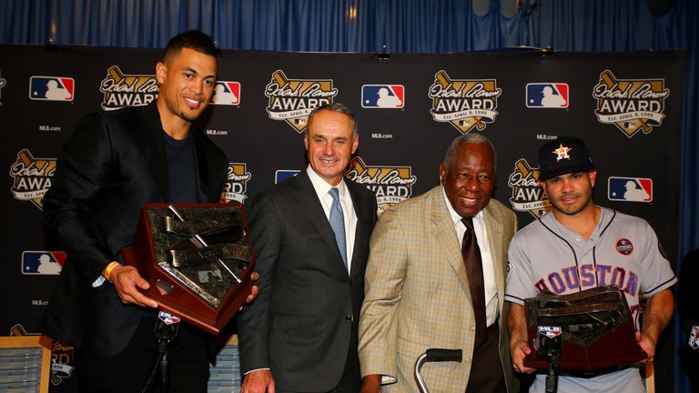 Miami Marlins' Giancarlo Stanton, left, at the MVP awards