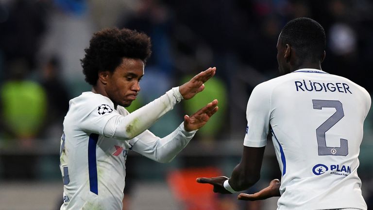Willian (L) celebrates after scoring his first goal against Qarabag