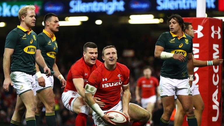 Hadleigh Parkes scores his first try for Wales on his debut