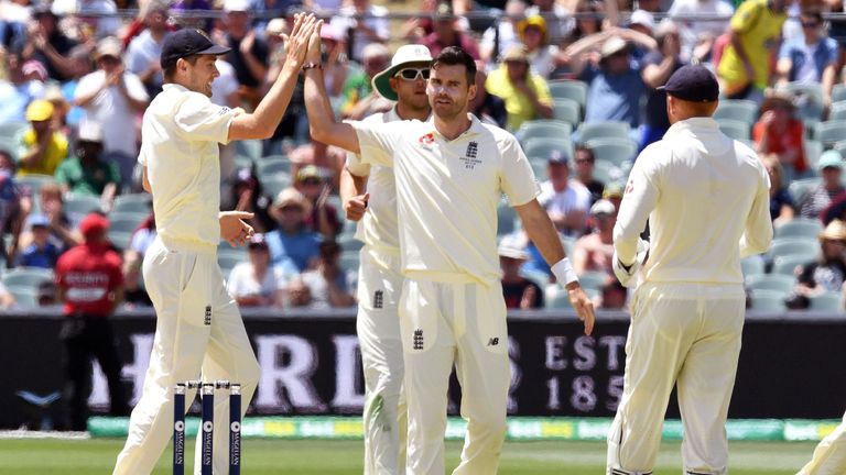 James Anderson celebrates dismissing Peter Handscomb in Adelaide