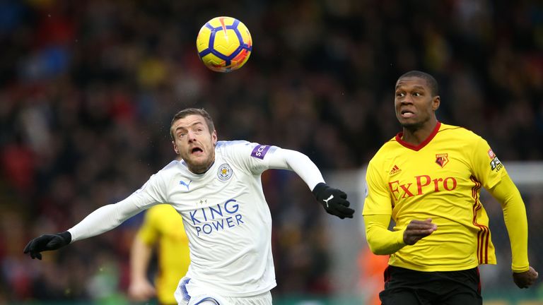 Jamie Vardy (left) and Watford's Christian Kabasele battle for the ball