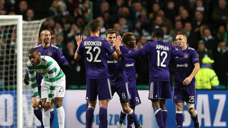 Leander Dendoncker and Pieter Gerkens celebrate Anderlecht's Celtic Park winner