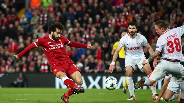 Mohamed Salah scores Liverpool's seventh at Anfield