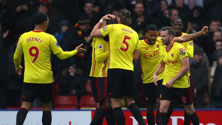 Christian Kabasele celebrates after scoring Watford's goal