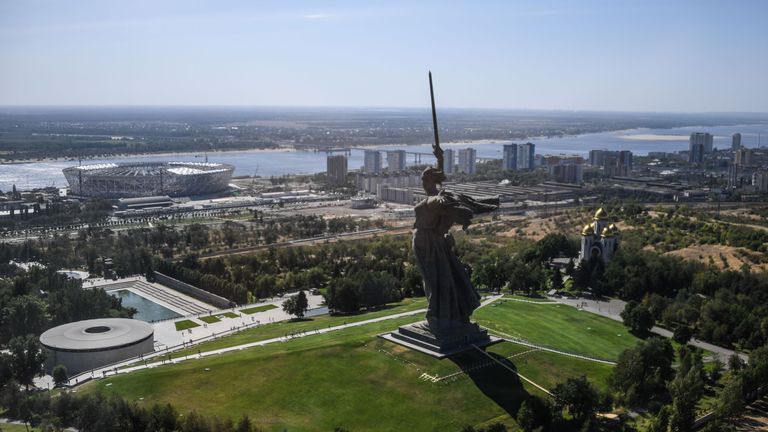 The Motherland Calls statue overlooks the World Cup stadium in Volgograd