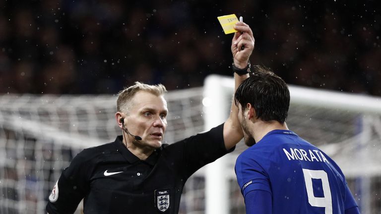 Alvaro Morata was booked for diving against Norwich and then received a second yellow card