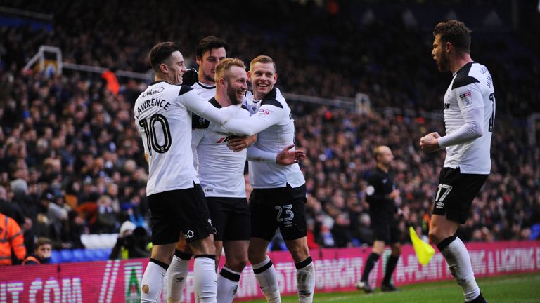 Derby players congratulate Johnny Russell after he put the visitors ahead
