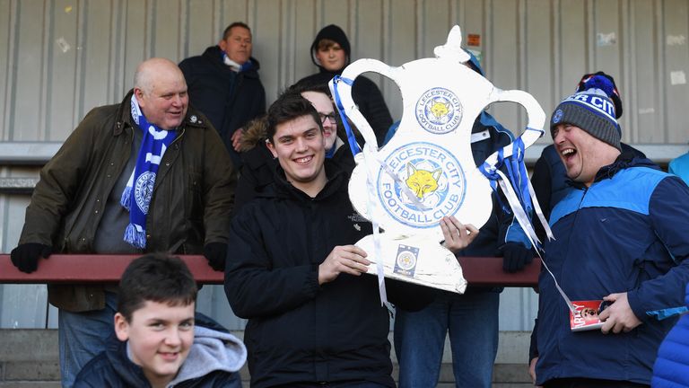 Leicester fans with a 'replica' FA Cup trophy at Highbury