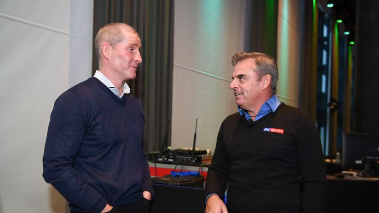 Senior coach of Leinster Lancaster (left) speaks with former European Ryder Cup team captain Paul McGinley
