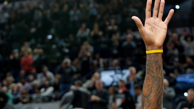 LeBron James #23 acknowledges the crowd after hitting his 30,001 point