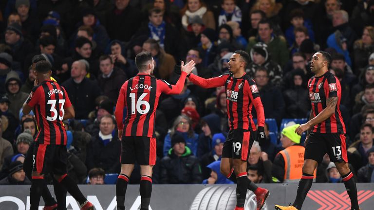 Junior Stanislas celebrates with Lewis Cook Bournemouth go 2-0 up at Stamford Bridge