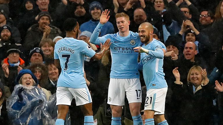 Raheem Sterling, Kevin De Bruyne and David Silva celebrate City's second goal of the game