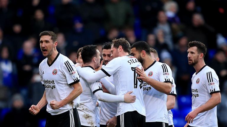 Sheffield United celebrate Nathan Thomas' 25th-minute goal